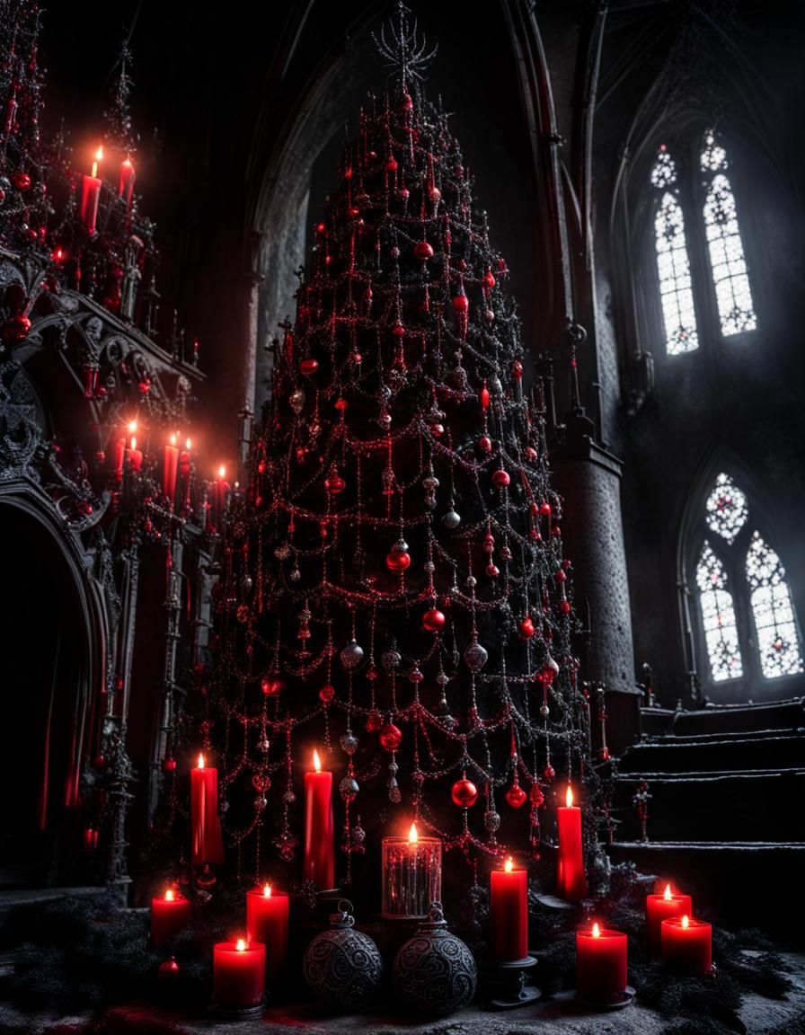 Gothic Christmas Tree with Candles in Dracula's Castle
