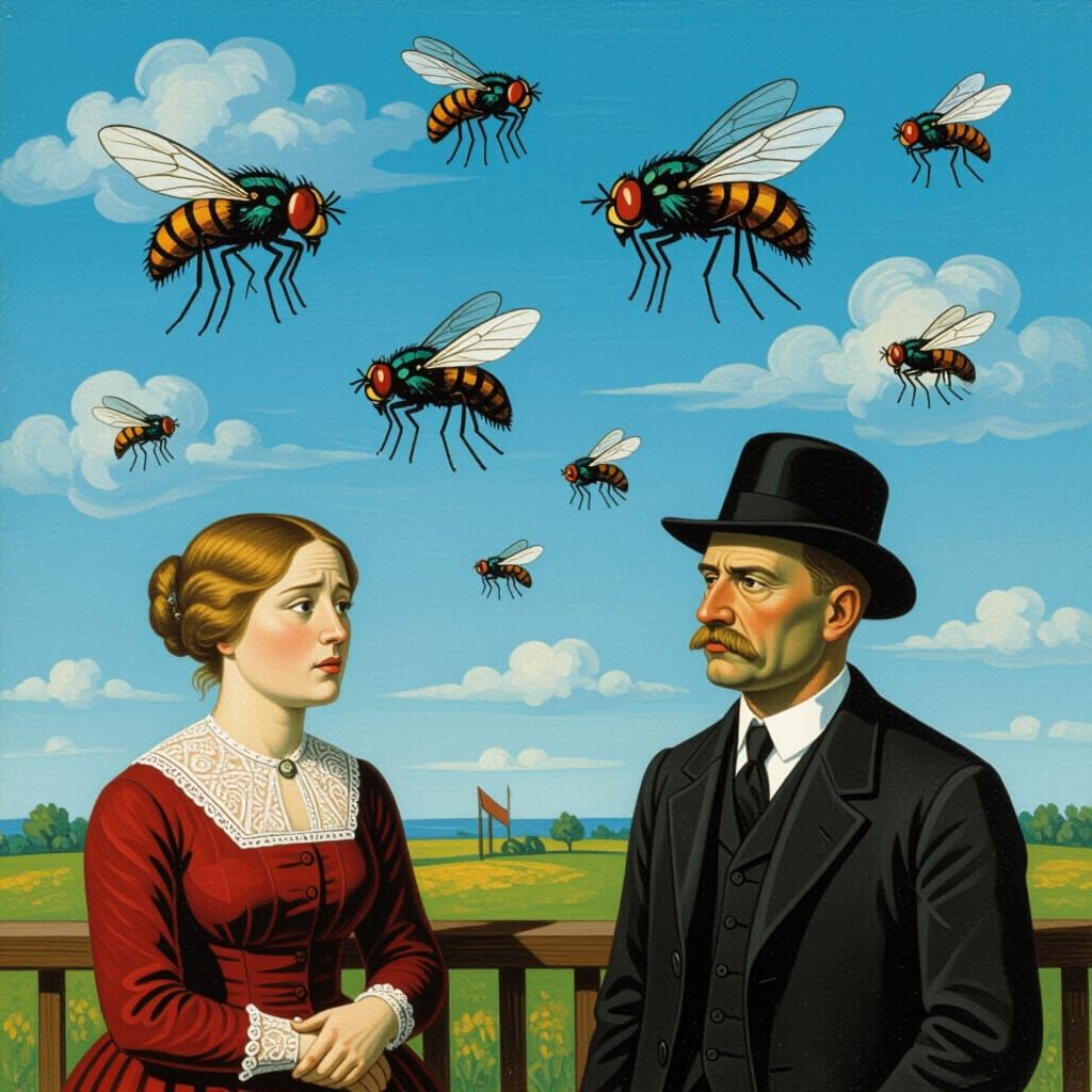 Grief-Stricken Flies Ascending in Blue Sky Caricatures