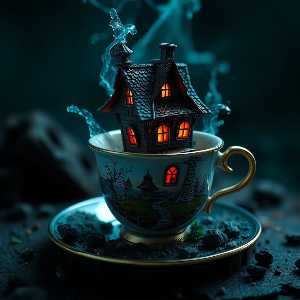 Haunted House in Tea Cup: Detailed Matte Painting