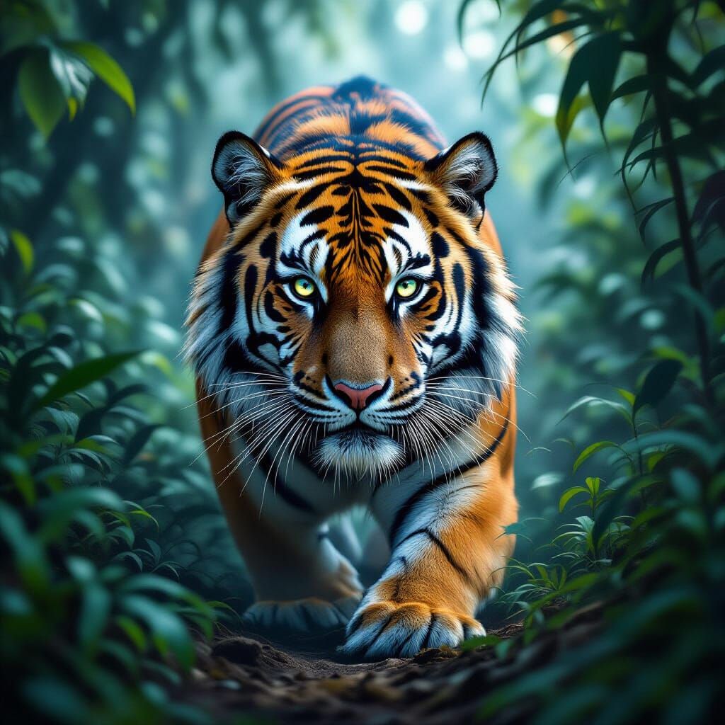 Bengal Tiger in Misty Jungle, Art Nouveau Style