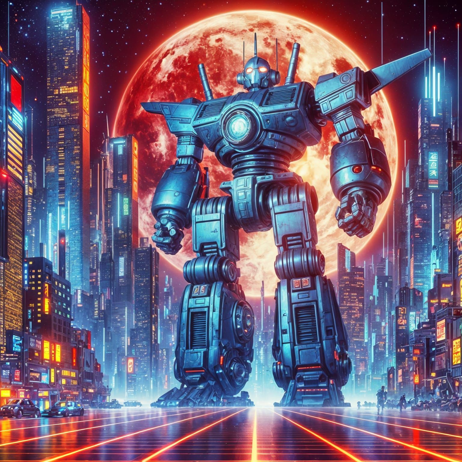 Retrofuturistic Robot Hero in Cyberpunk Cityscape
