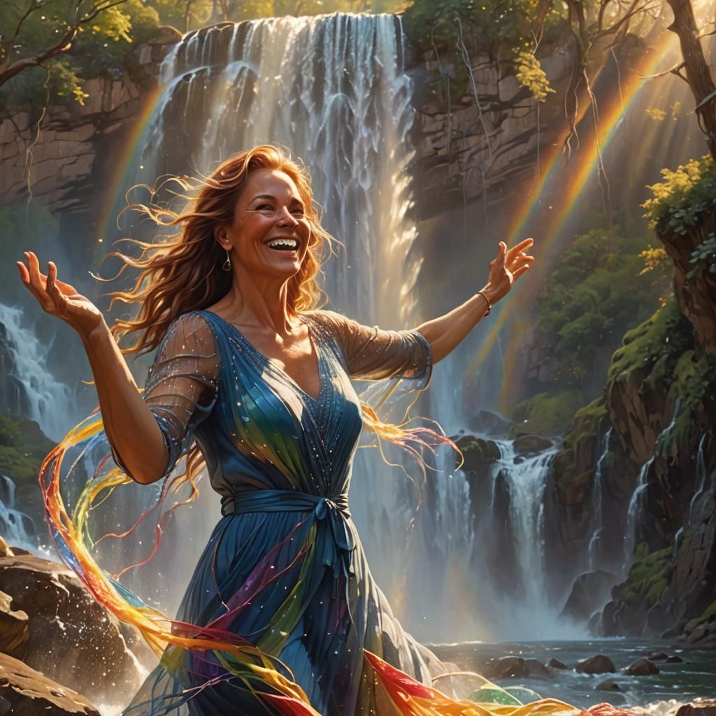 Woman with Rainbow Light Waterfall, Mystical Realism