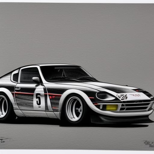 Datsun 240z Racecar on Le Mans, Charcoal Drawing