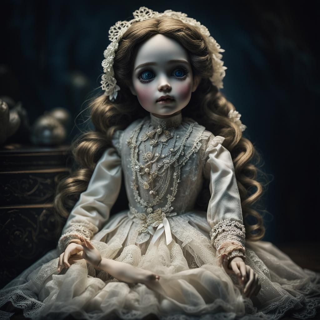 Haunting Porcelain Doll in a Cinematic Horror Style