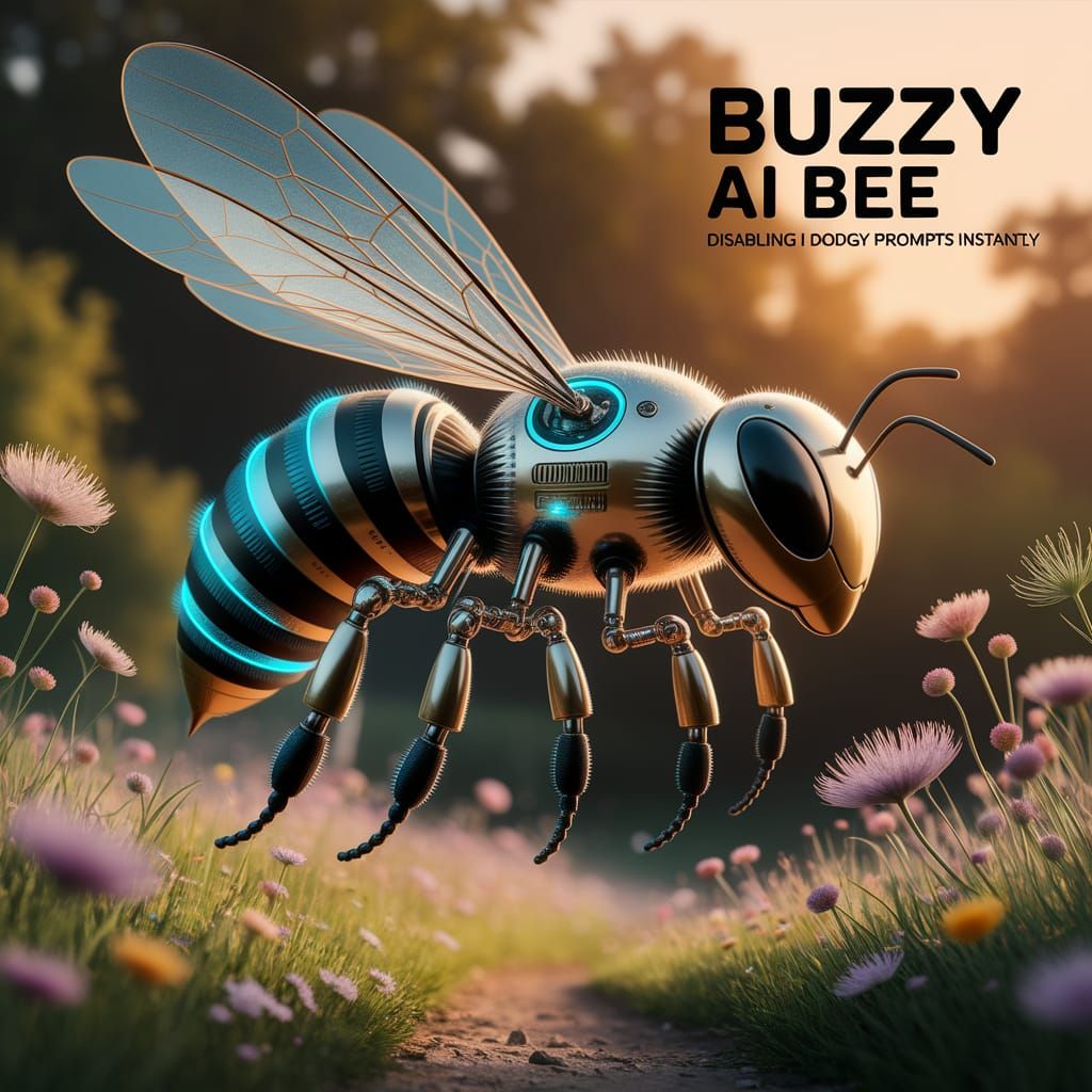 Futuristic AI Bee in Sunlit Meadow