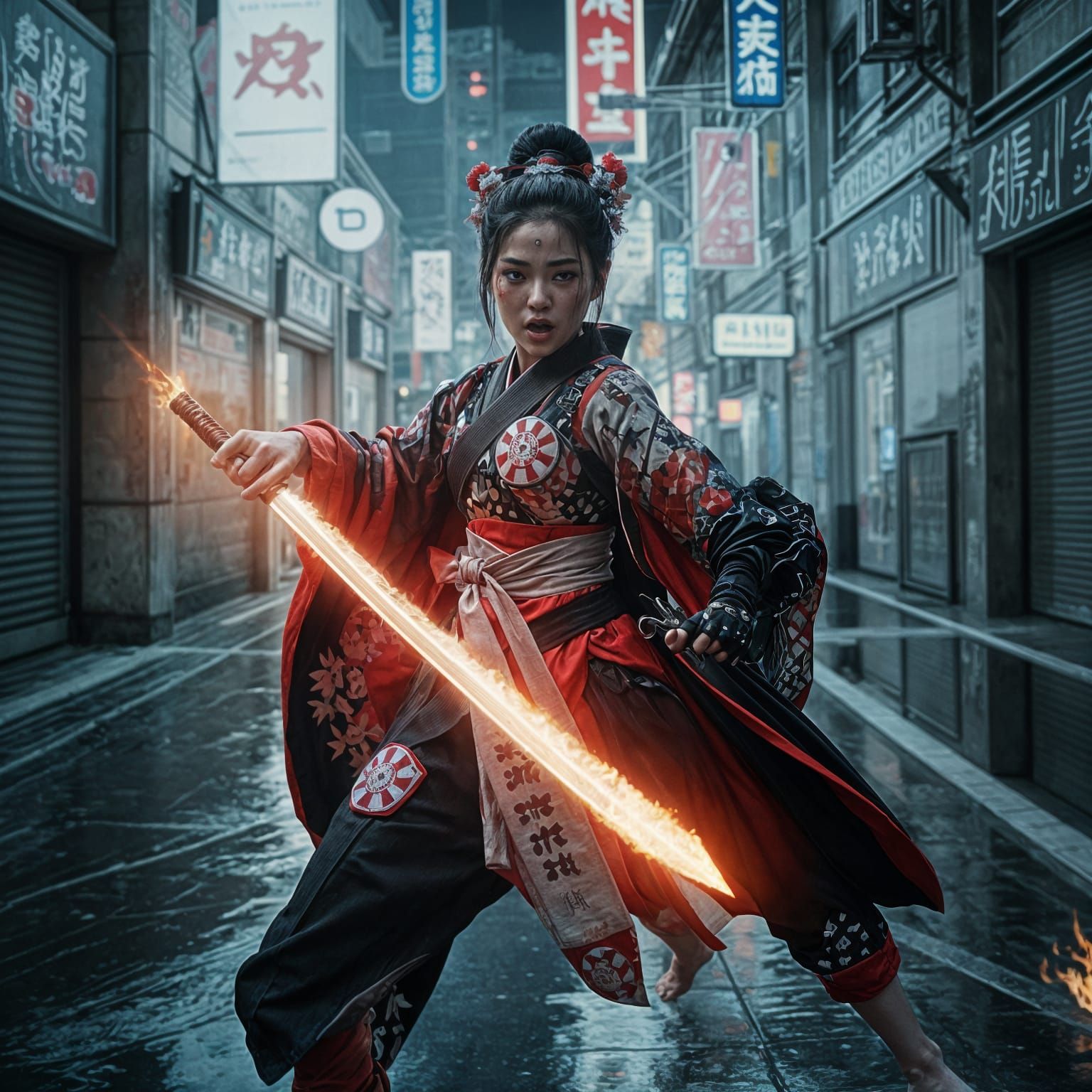 Cyberpunk Geisha Samurai in Action Pose