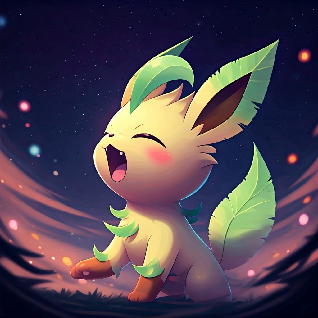 Cute Chibi Leafeon Shouting in Starry Sky