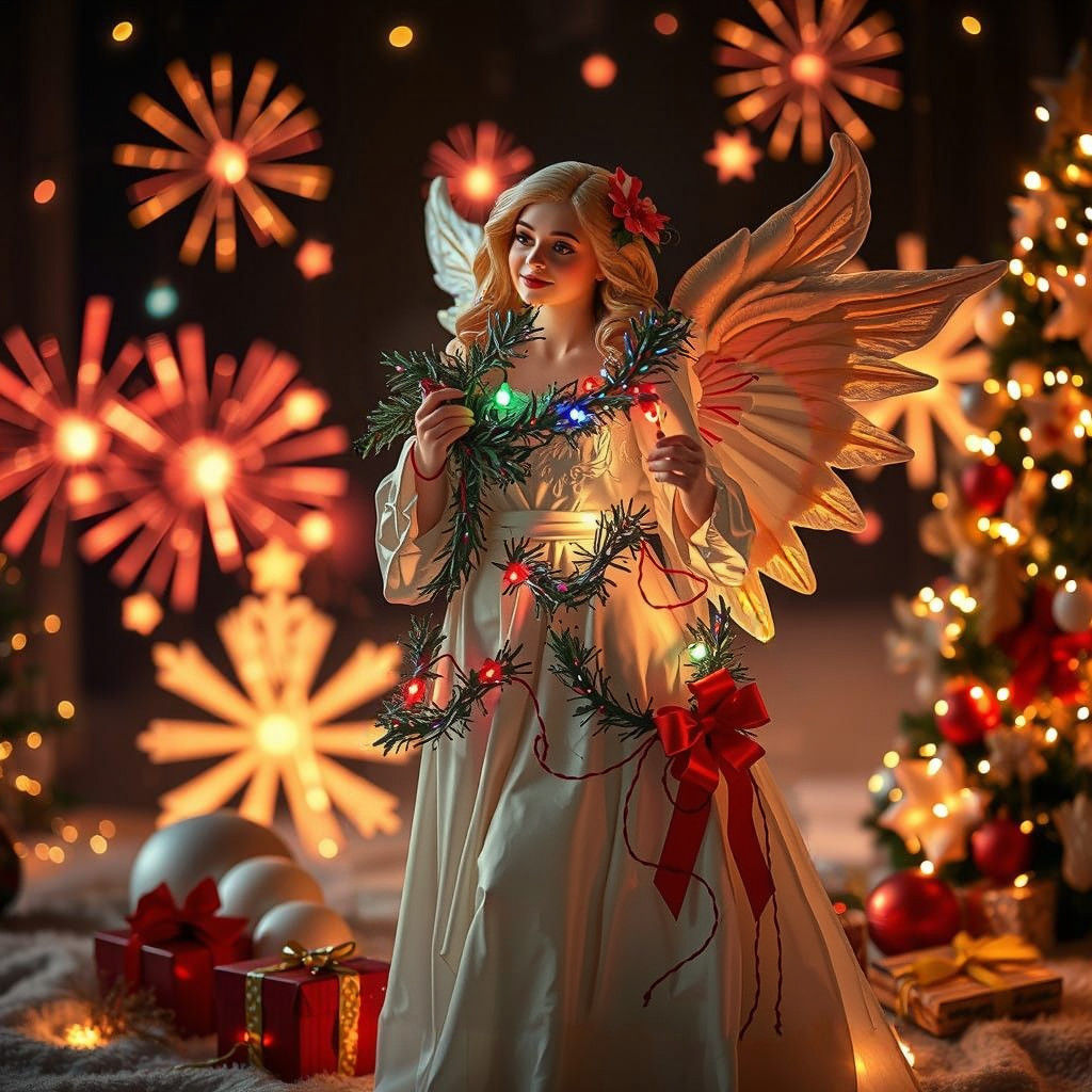 Angel Advent Woman Surrounded by Vibrant Christmas Decoratio...