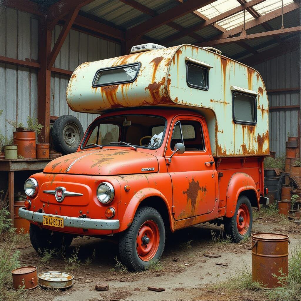 Rusty Fiat 500 Camper in Disused Workshop