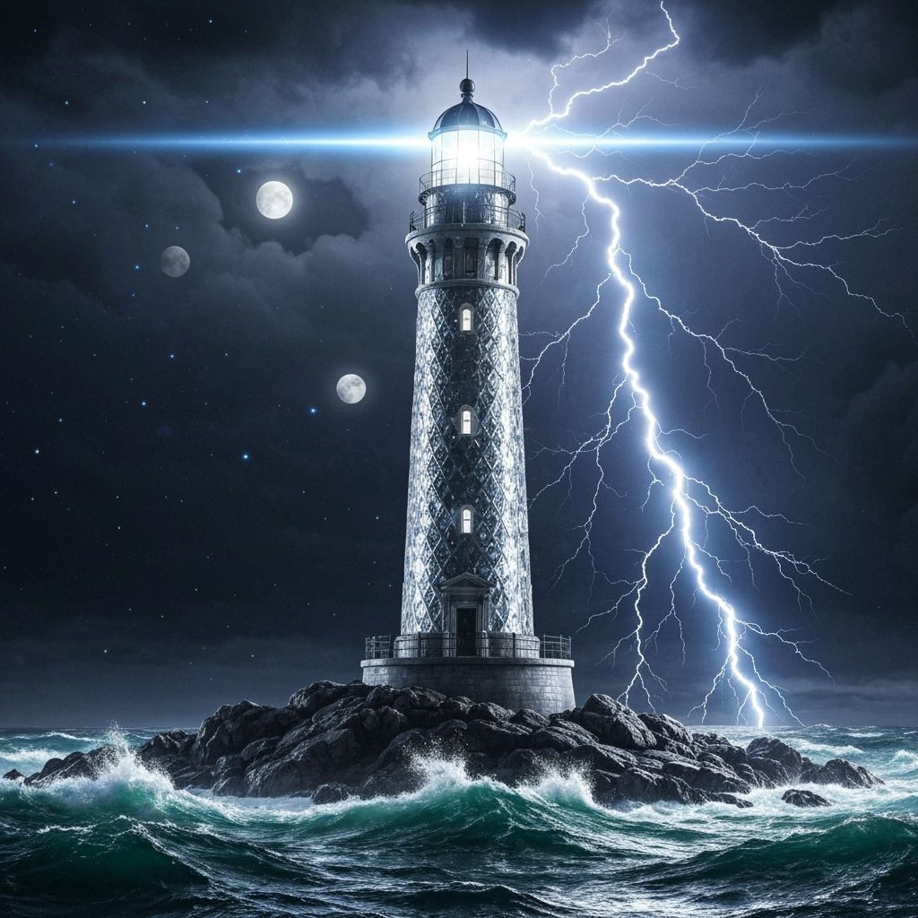 Crystal Lighthouse Electrified on Stormy Sea