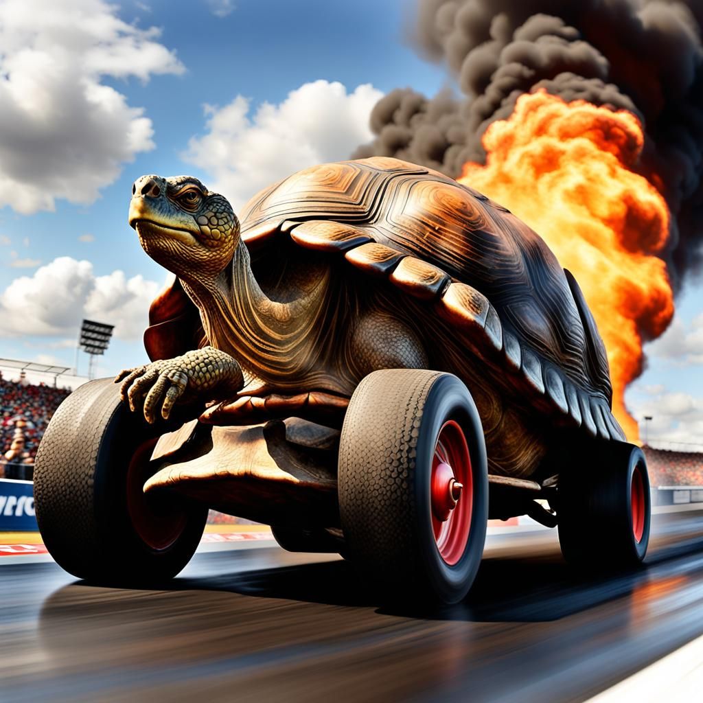 Giant Tortoise Hotrod Races Down Speedway