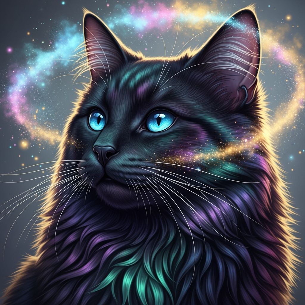 Iridescent Black Cat with Blue Eyes in Fairy Dust