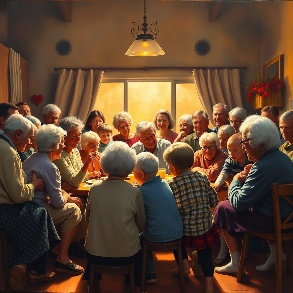 Generations Celebrate Grandparents in Warm Oil Painting