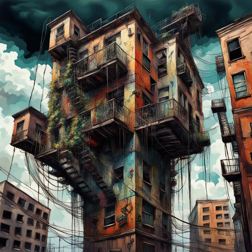 Grotesque Gothic Cityscape with Spiral Staircase