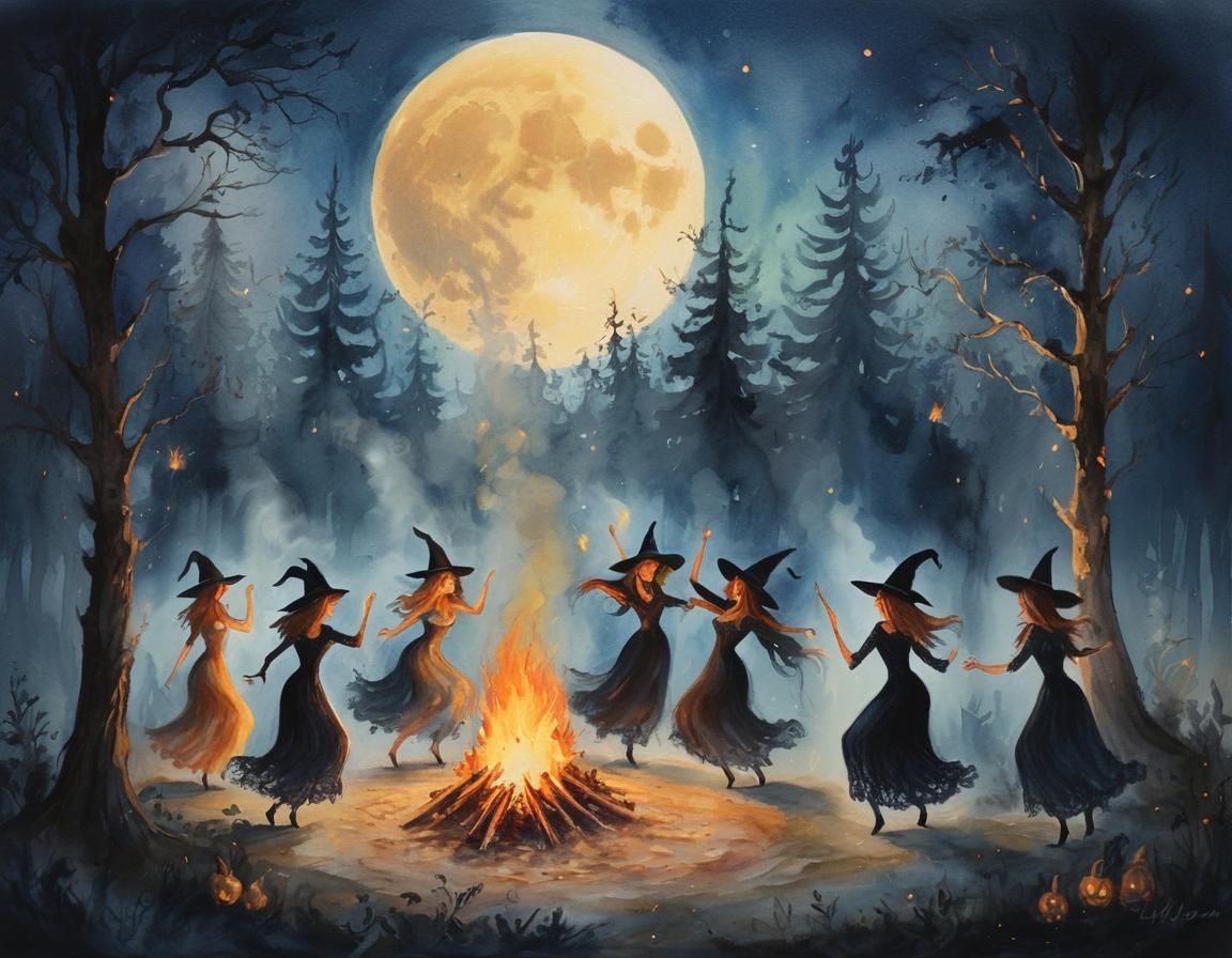 Witches' Bonfire Dance: A Watercolor Painting