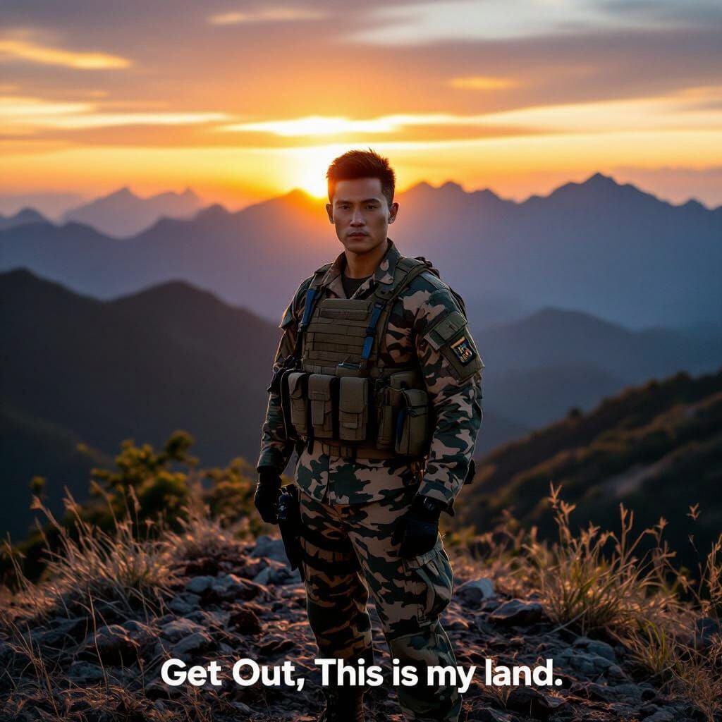 Thai Soldier on Hilltop at Sunset, Cinematic Style
