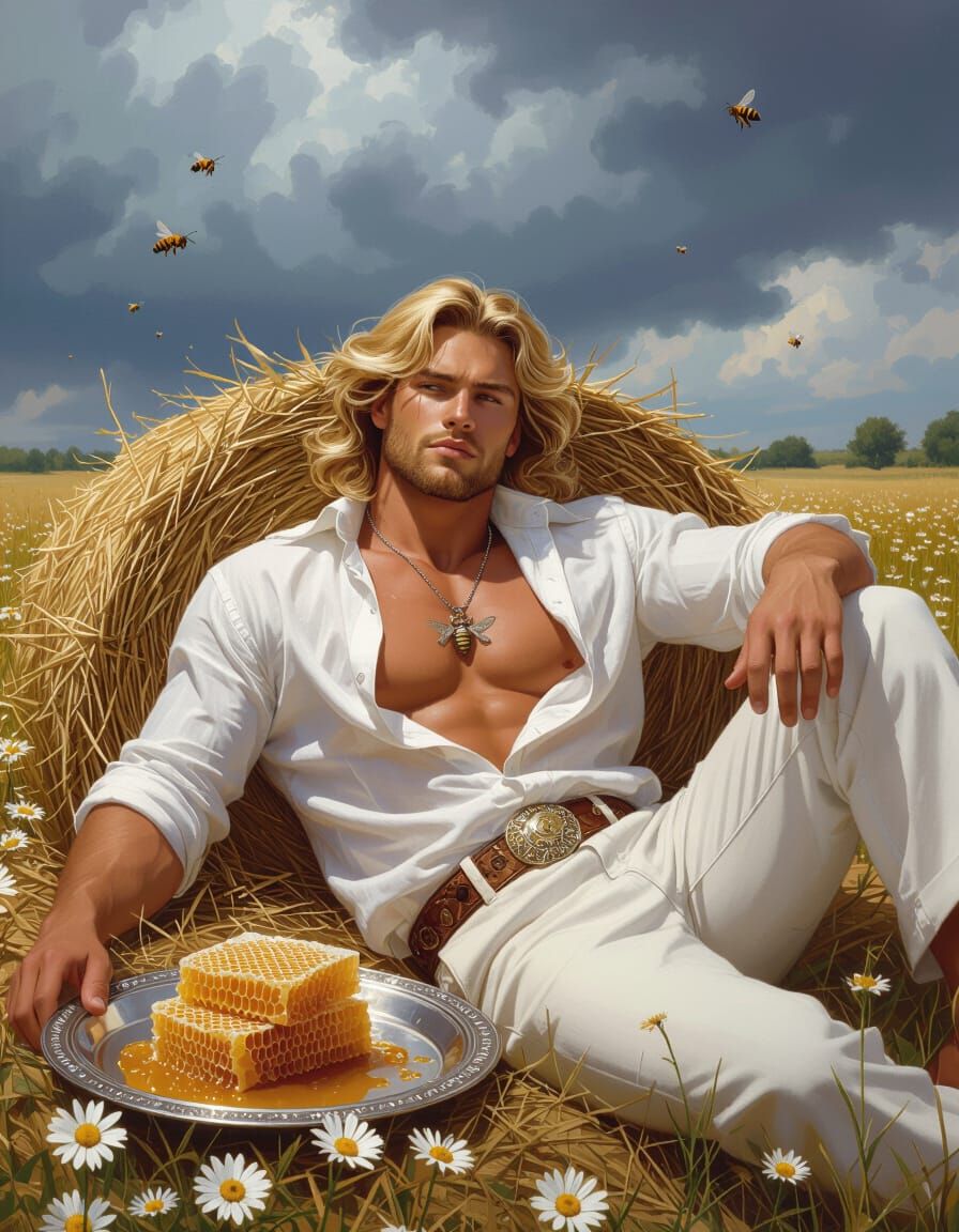 Muscular Beekeeper in Daisy Field Under Stormy Sky