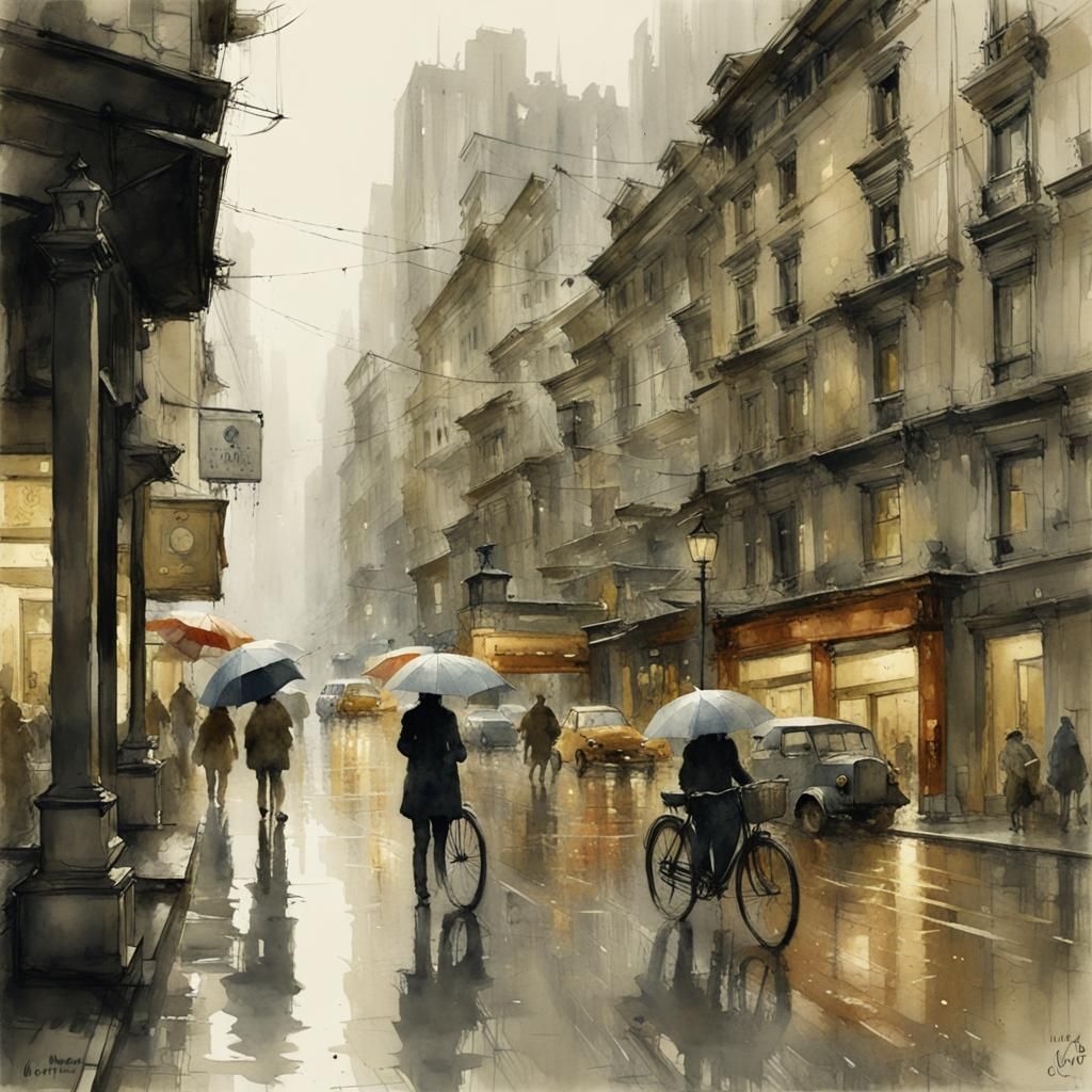 Rainy City Day in Watercolor Digital Painting