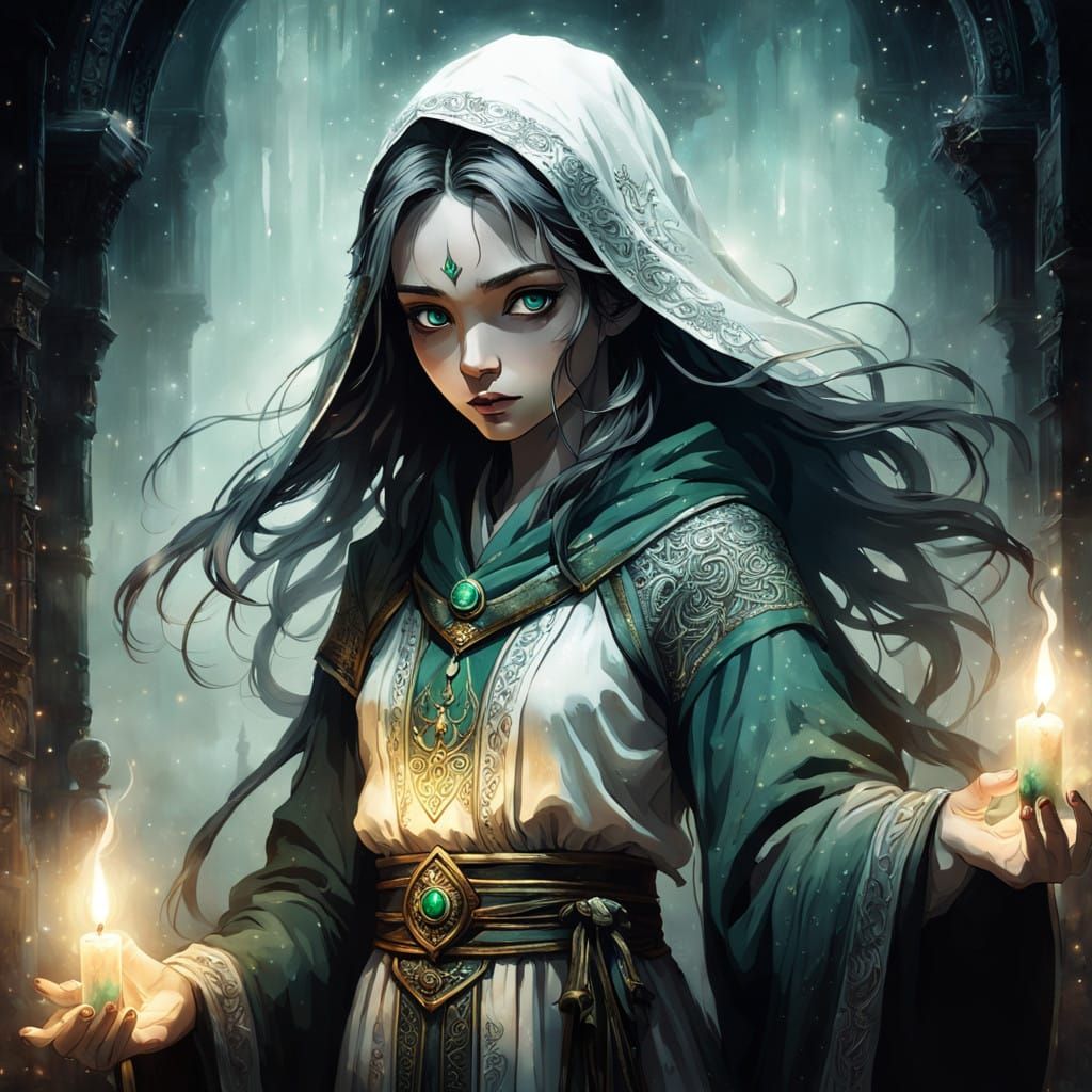 Mystical White Priestess in Dimly Lit, Eerie Atmosphere