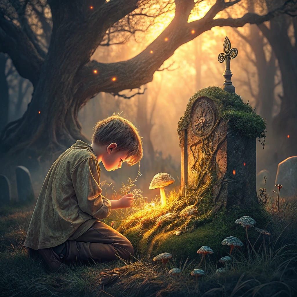 Young Boy Mourns Parents in Overgrown Cemetery