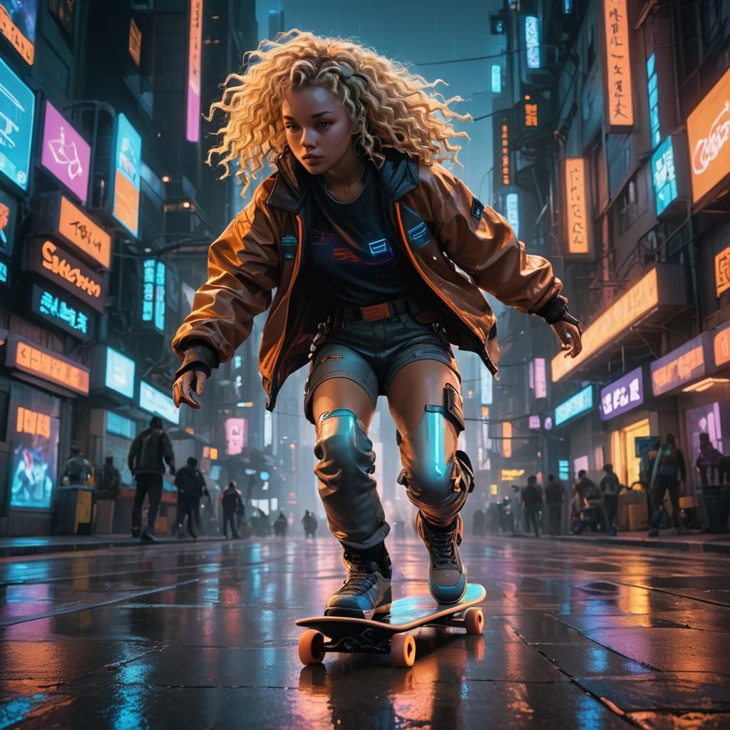 Cyberpunk Girl Skater in Neon Cityscape