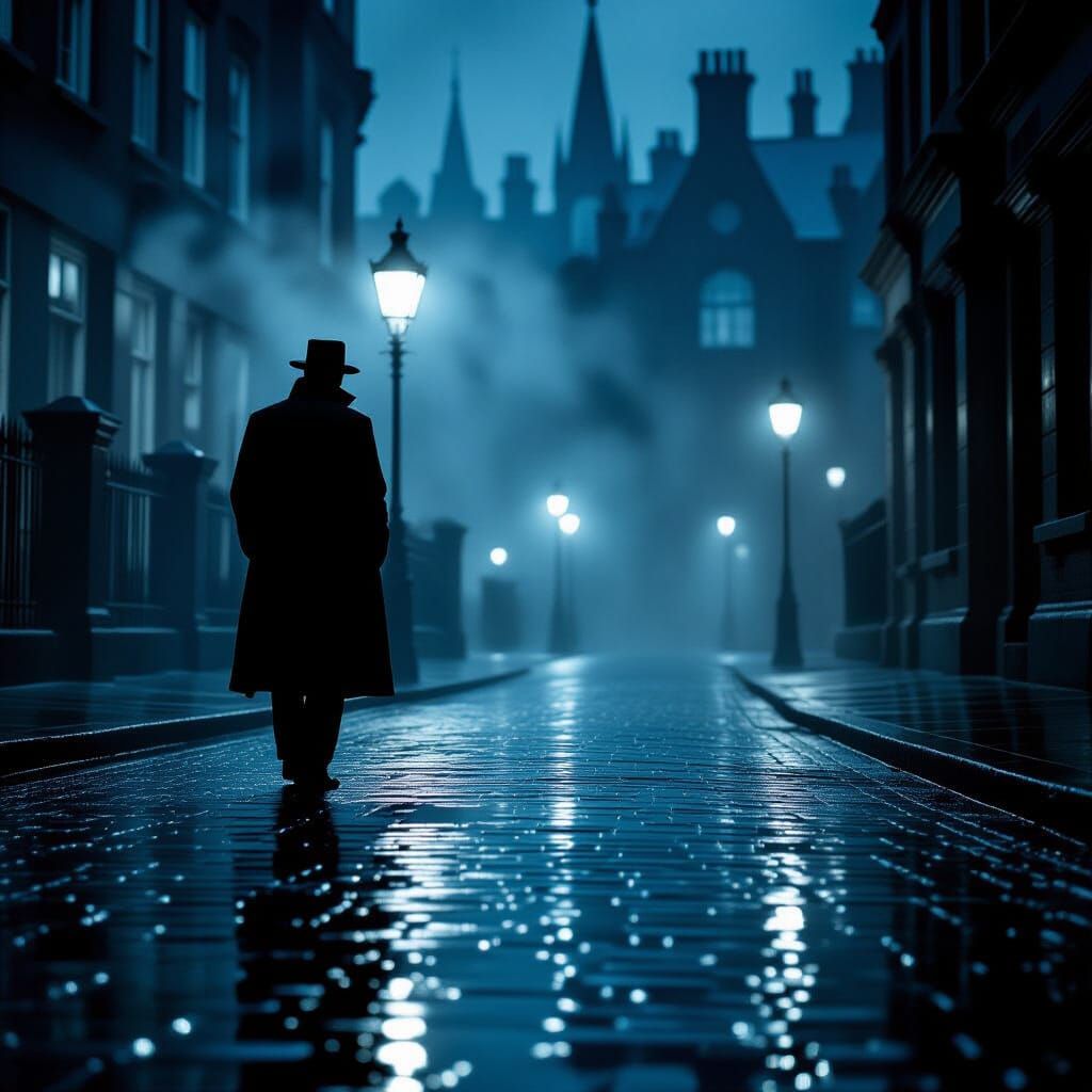 Man on Victorian Street in Noir Style