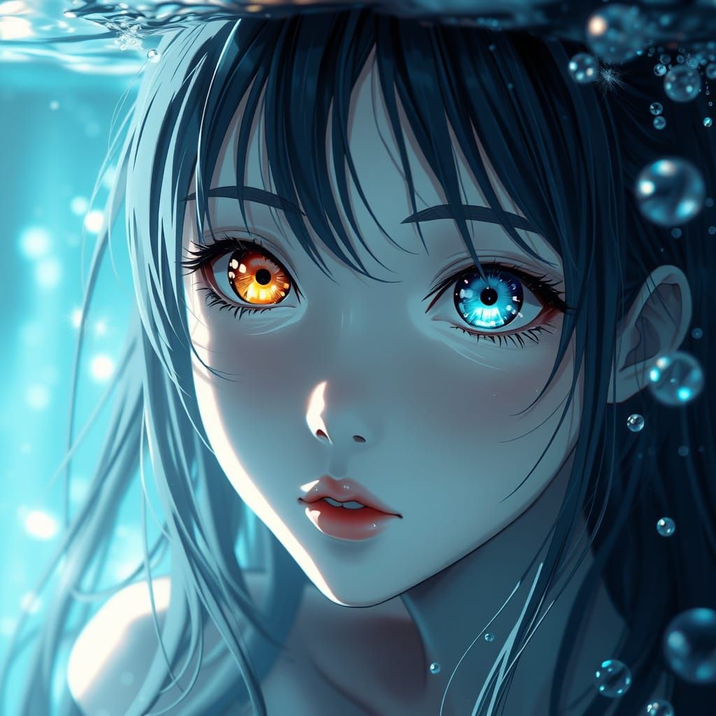 Anime Girl with Heterochromatic Eyes in Water