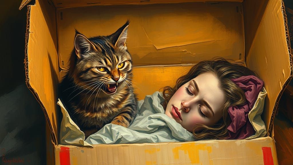 Furious Cat Stares Down Sleeping Woman in Cozy Cardboard Box...