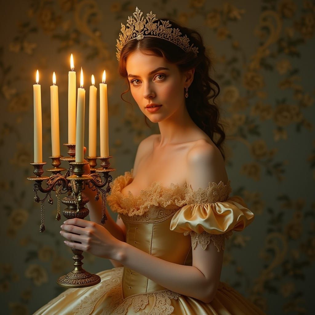 Elegant Victorian Lady in Gold Satin Gown