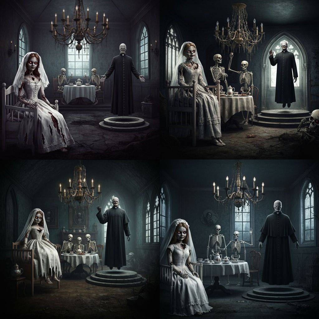 Sinister Doll Bride and Skeletons: Dark Fantasy Art