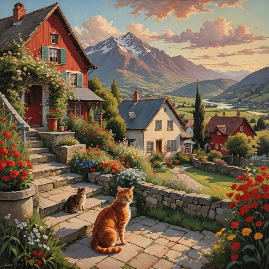 Girl with Cat in Garden, Oil Painting