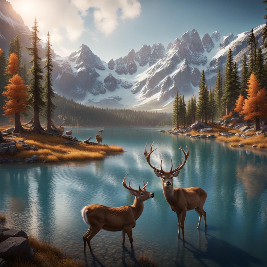 Banff Landscape with Deer: Detailed Matte Painting