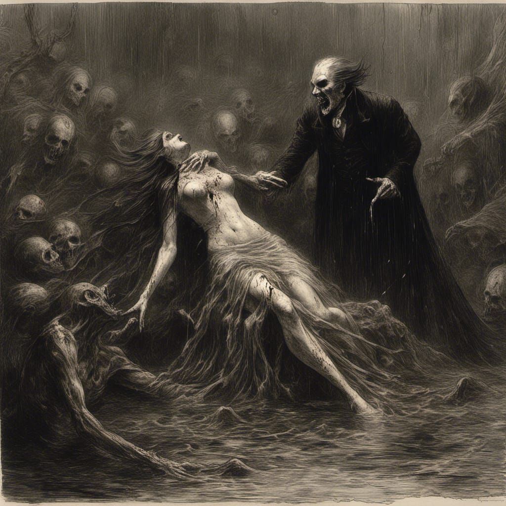 Macabre Vampire Showering in Blood: Horror Illustration