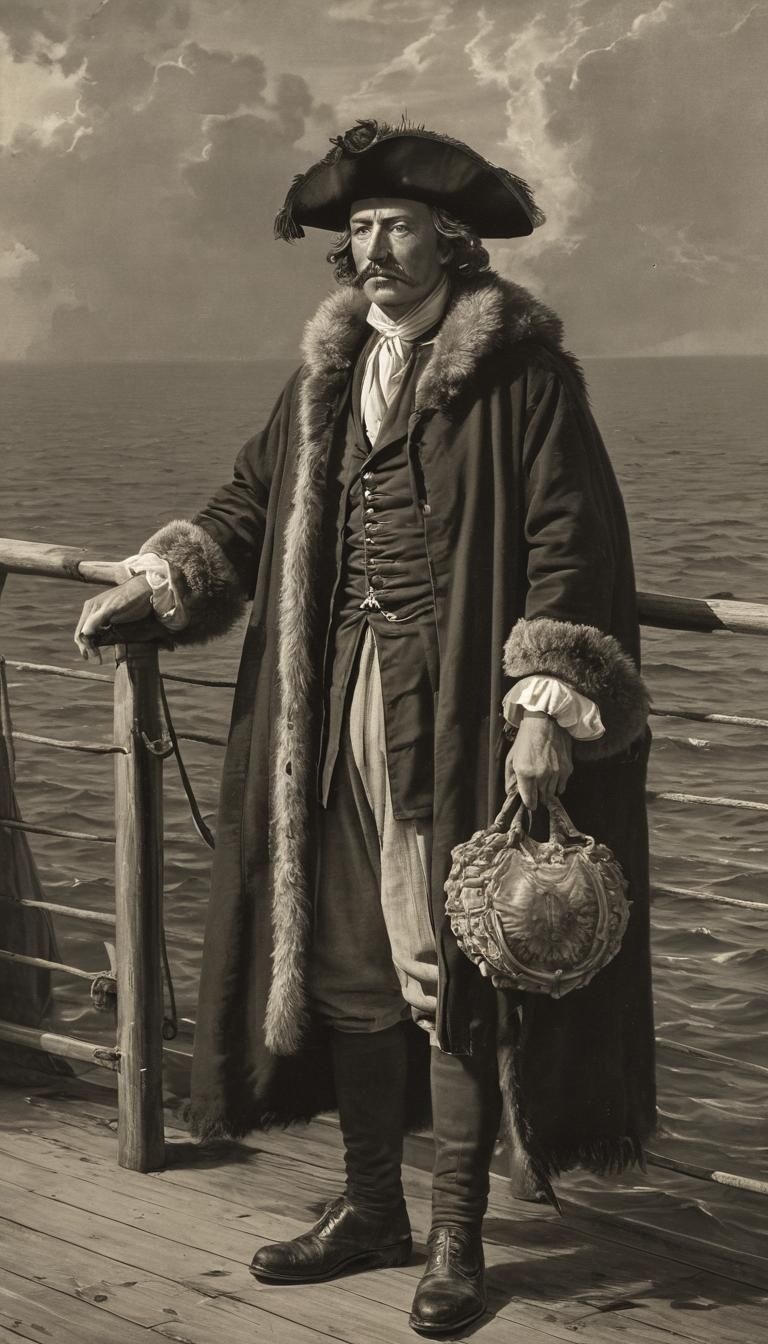 A well-dressed Italian merchant standing on the deck of a sh...