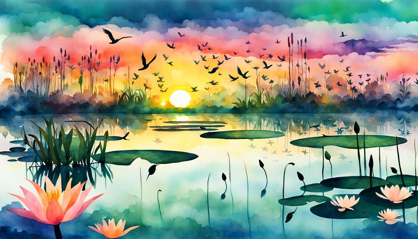 Wetlands Sunrise: Double Exposure Watercolor Illustration