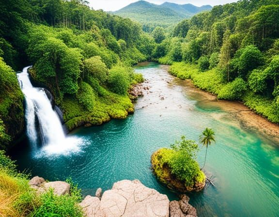 Tropical Forest View with Waterfall from Cliff