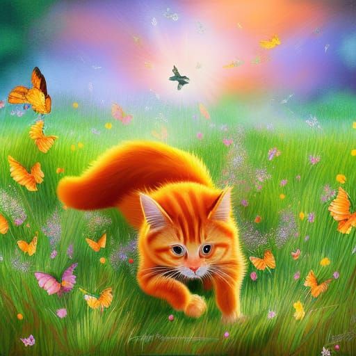 Ginger Cat's Joyful Meadow Adventure: Digital Art