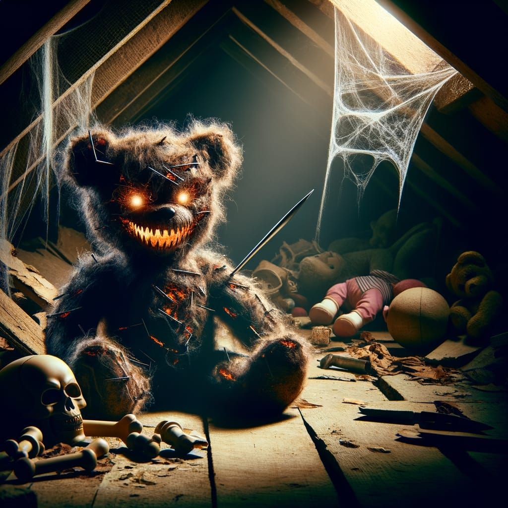 Menacing Teddy Bear in Creepy Attic