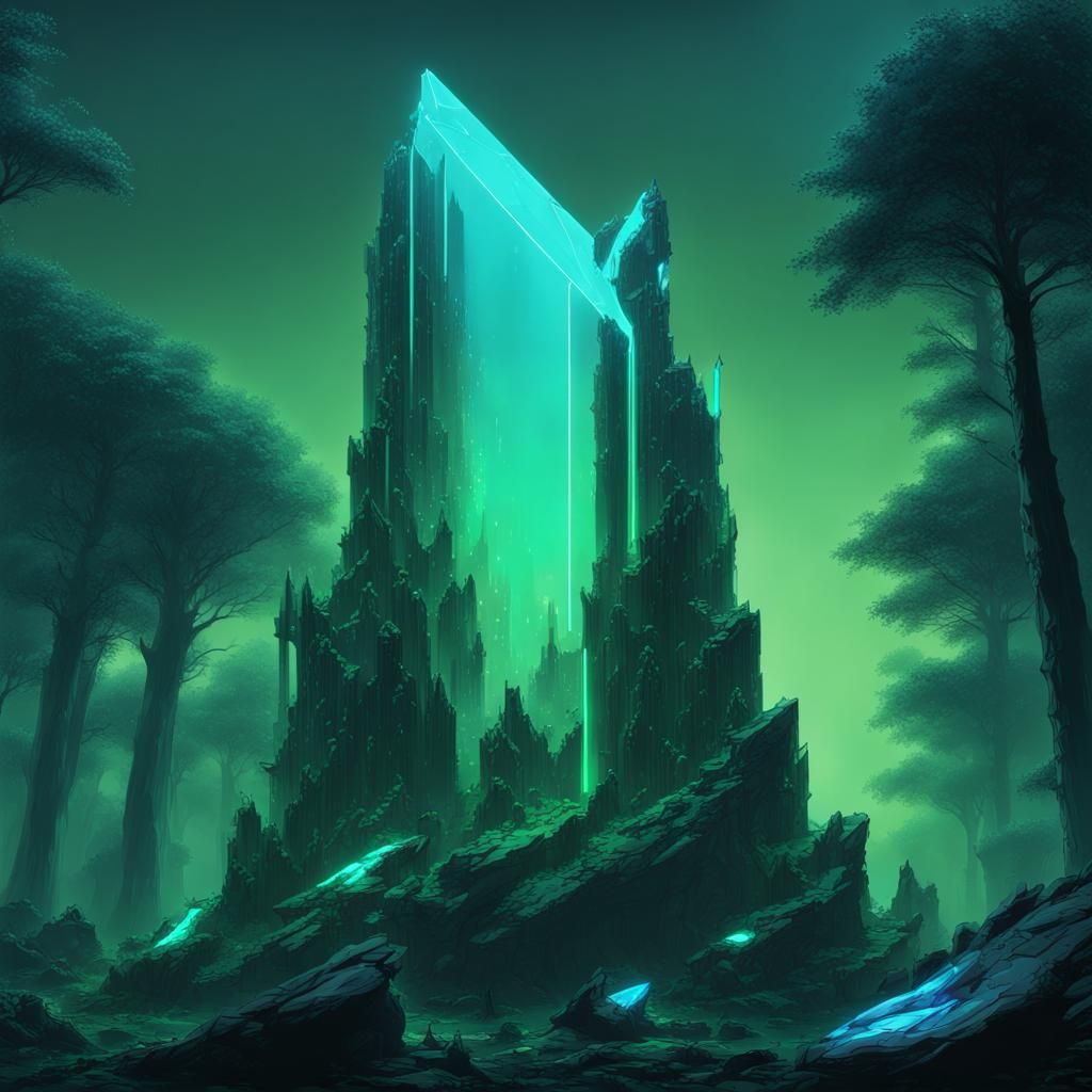 Neon Monolith in Dark Cyberpunk Forest