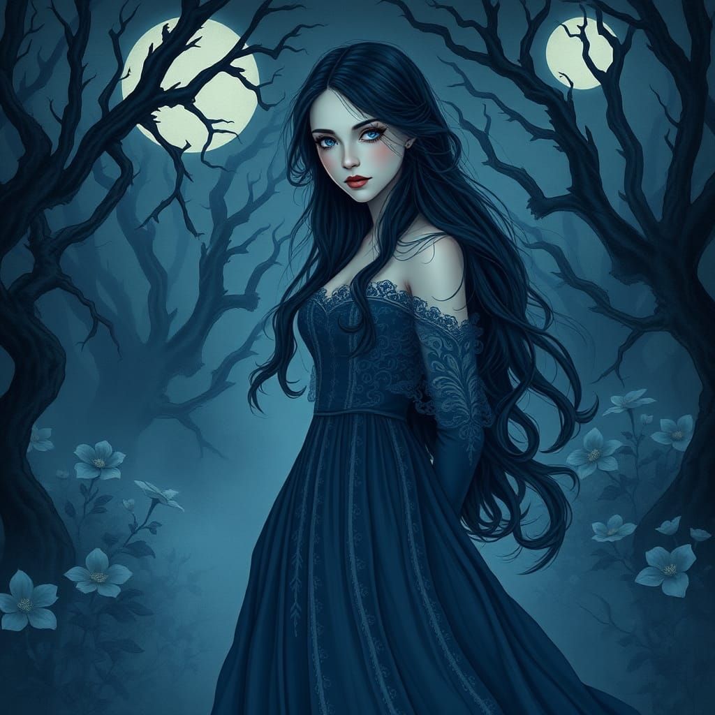 Ethereal Indigo Woman in Moonlit Garden
