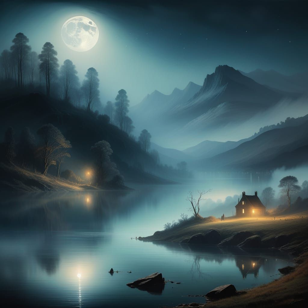 Misty Moonlit Lake Landscape in Romantic Style
