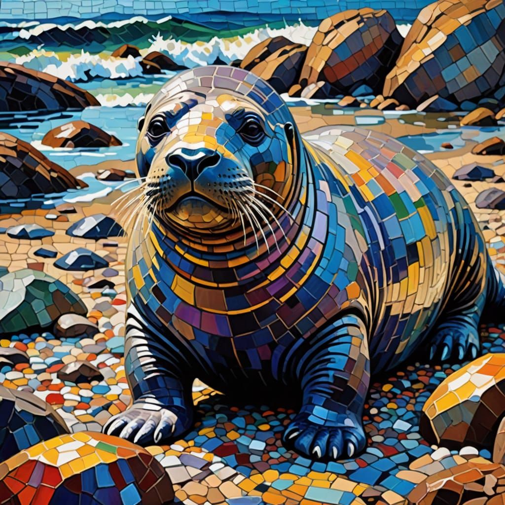 Expressive Elephant Seal in Vibrant Neo-Impressionist Oil Pa...