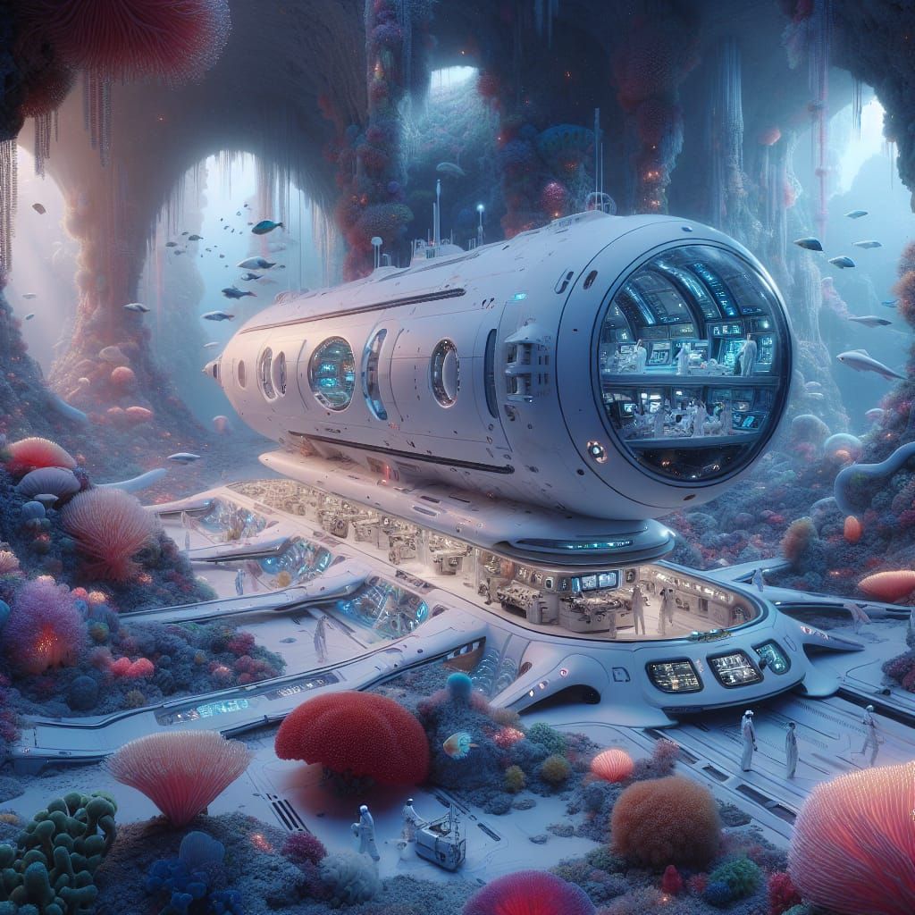 Futuristic Submarine Explores Bioluminescent Alien Coral Ree...