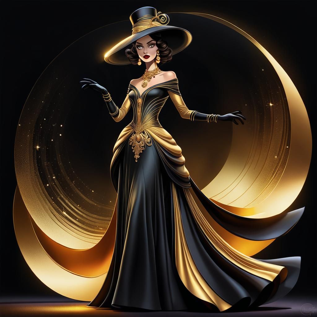 Woman in Flowing Gown: Surreal Cartoon Portrait