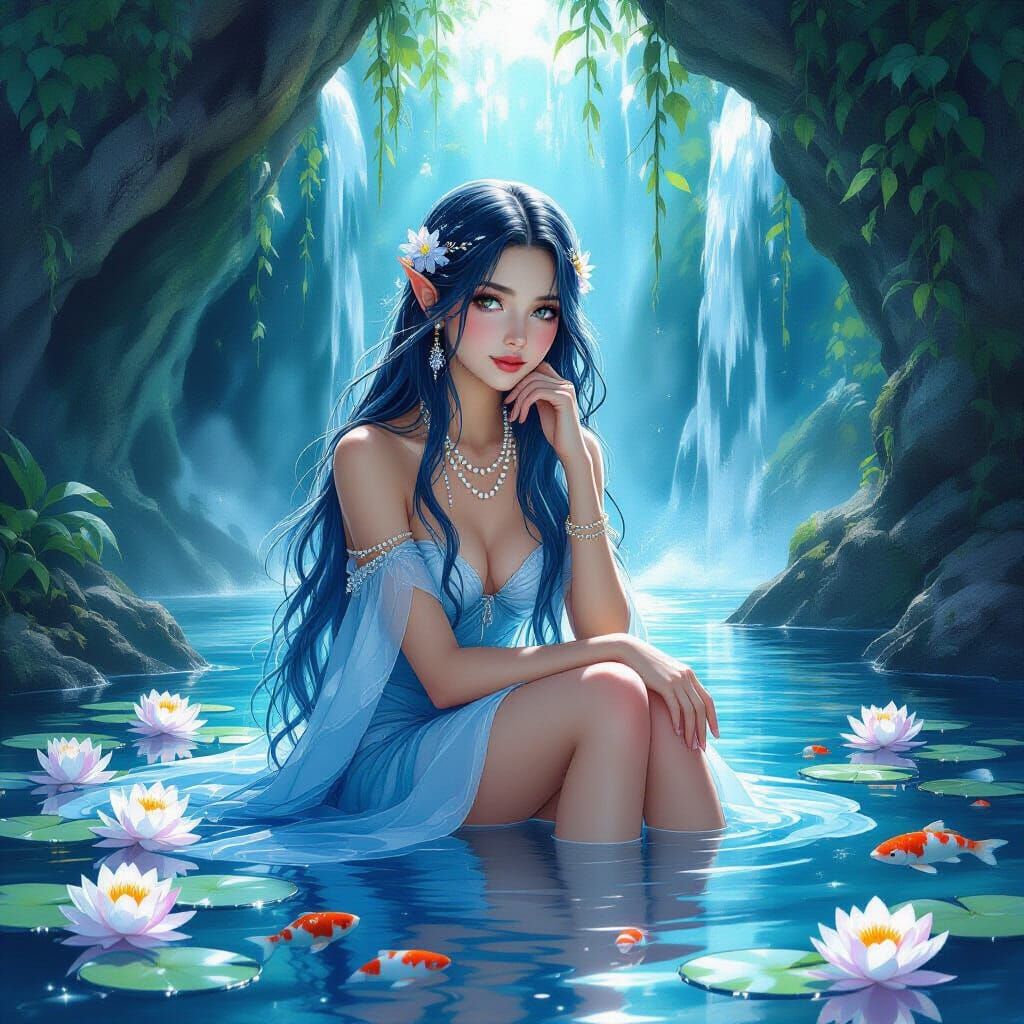 Serene Water Nymph in Grotto: Watercolor Painting