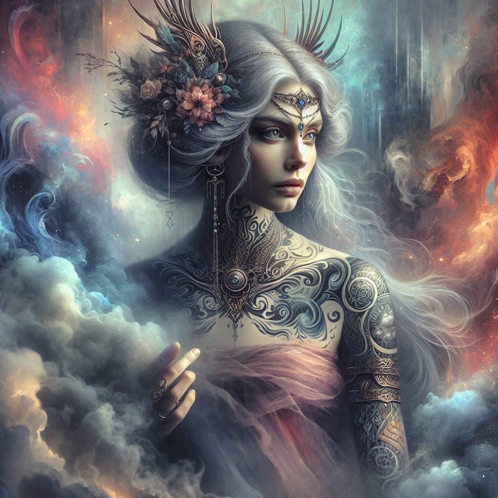 Ethereal Tattooed Norse Goddess in Digital Painting