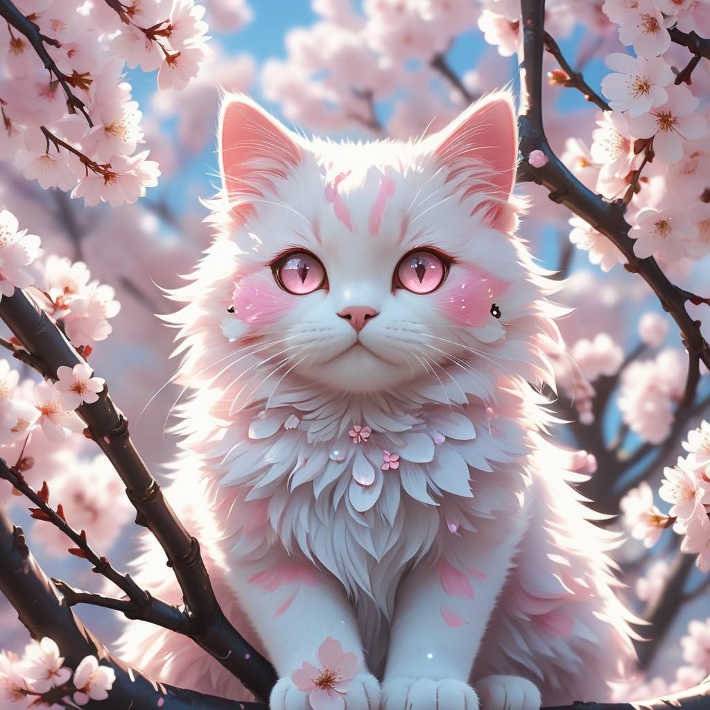 Anime Cat Among Cherry Blossoms in 3D Style