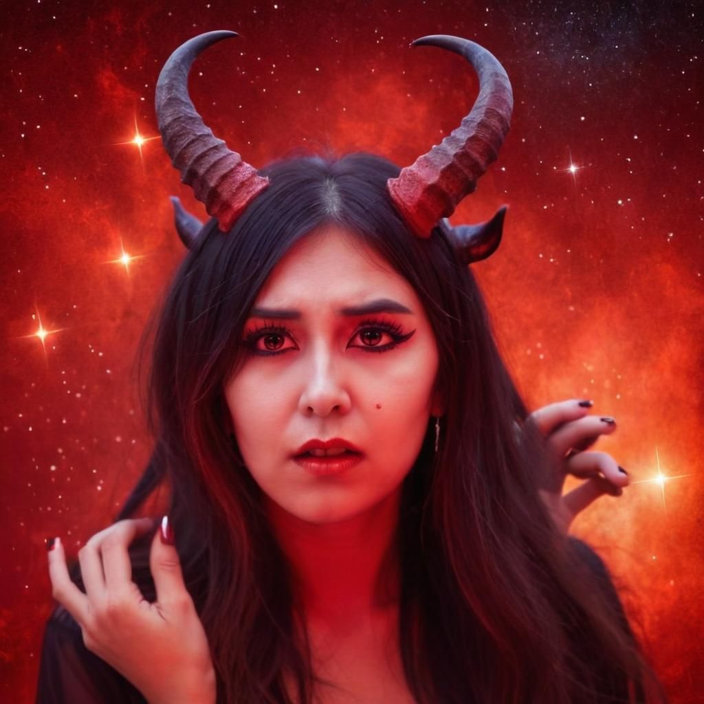 Lonely Demon Woman Seeks Lost Love Amidst Fiery Cosmic Skies