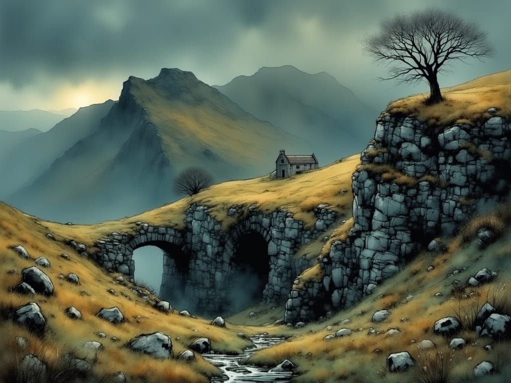 Misty Scottish Highlands in Evening Light, Charcoal-Inspired