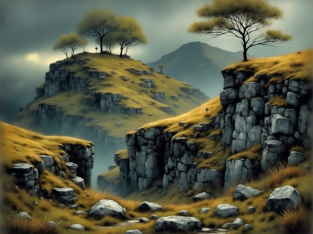 Misty Scottish Highlands Landscape with Ancient Stone Walls